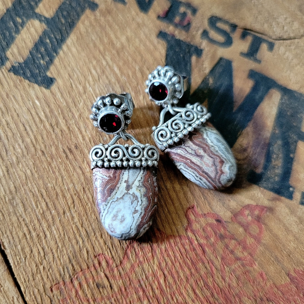 Red Crazy Lace Agate and Garnet Drop Earrings